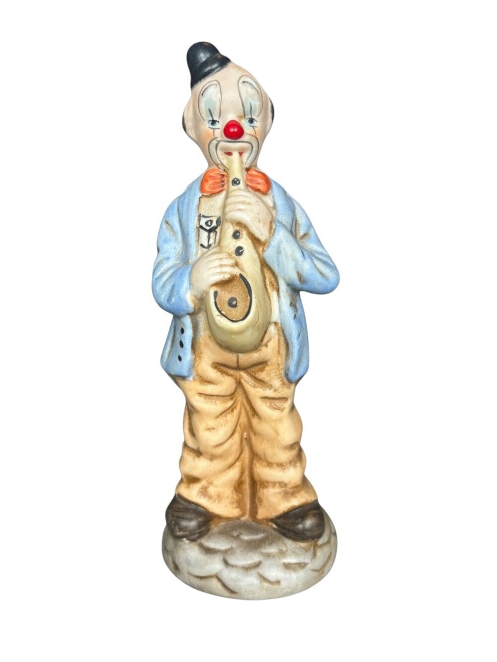 Vintage Style Sad Clown Figurine Saxophone Blue Jacket Ceramic 8.5”